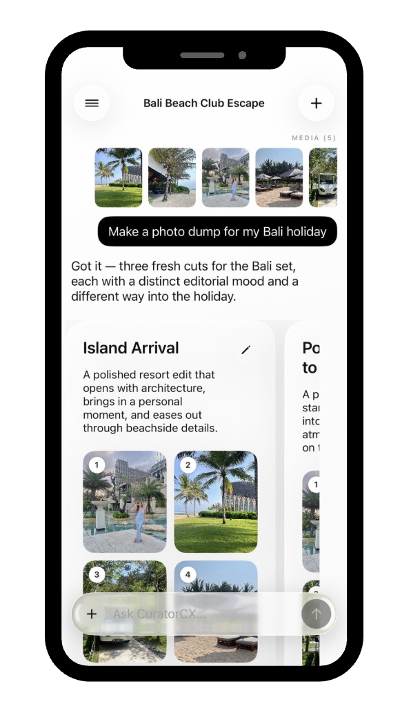 CuratorCX app showing a Bali holiday photo dump curation