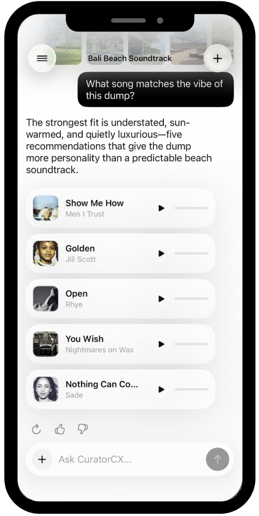 CuratorCX app screen suggesting a soundtrack for a photo dump