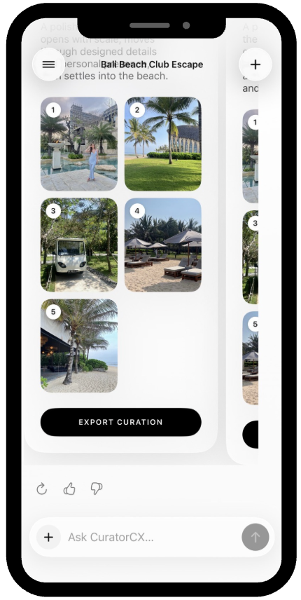 CuratorCX app screen showing a finished curation ready to export